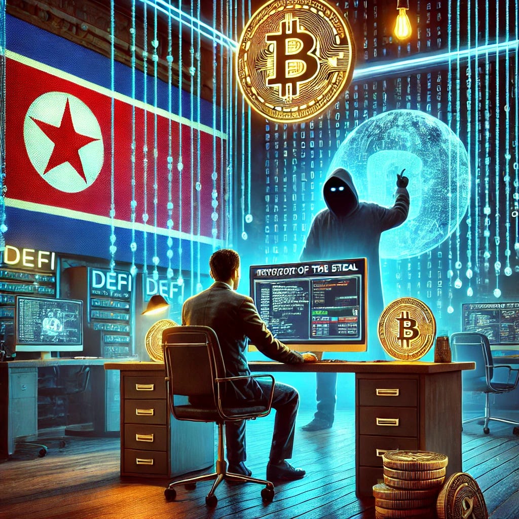 A digital scene that portrays North Korean hackers executing a well-coordinated cyber heist. The image showcases an office environment with a computer displaying cryptocurrency wallets and DeFi platforms, while a dark figure in the background manipulates malicious code. Digital currency flows from a vulnerable crypto wallet into shadowy, offshore accounts. The entire setting feels secretive and tense, with symbols of North Korea’s involvement subtly incorporated in the background, emphasizing the title 'The Art of the Steal.' Hints of North Korean state involvement are implied through patterns and iconography, making the scene feel like a state-sponsored cyber theft.