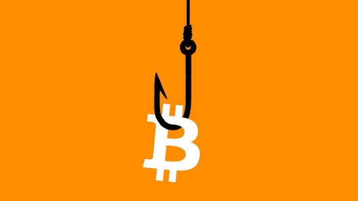 Ben Hickey illustration of the bitcoin sign on a black fishing hook drawn on orange background. 