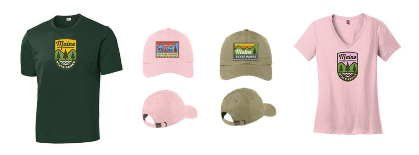 Maine State Park branded hats and shirts.