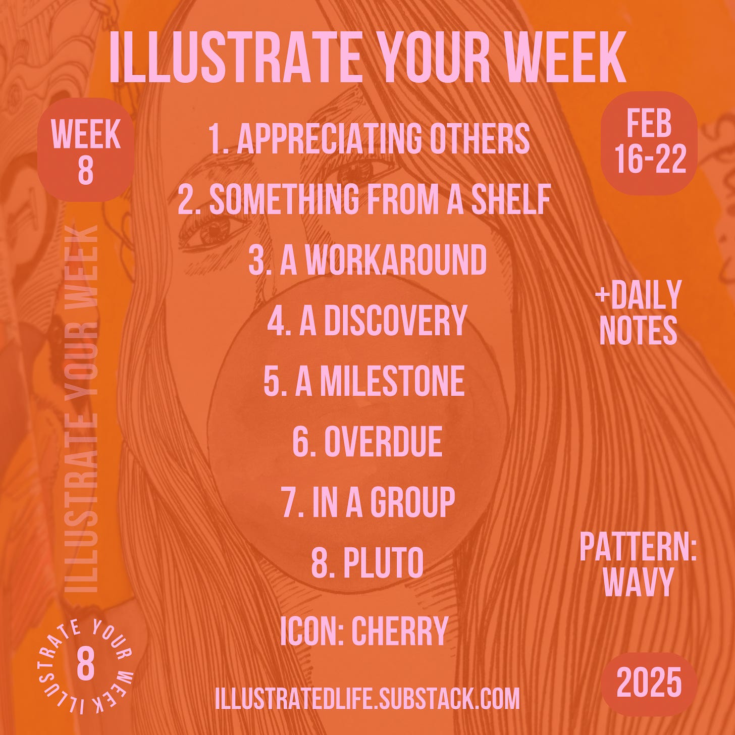 Week 8 prompts for illustrated journal, including Pluto, in a group, and overdue