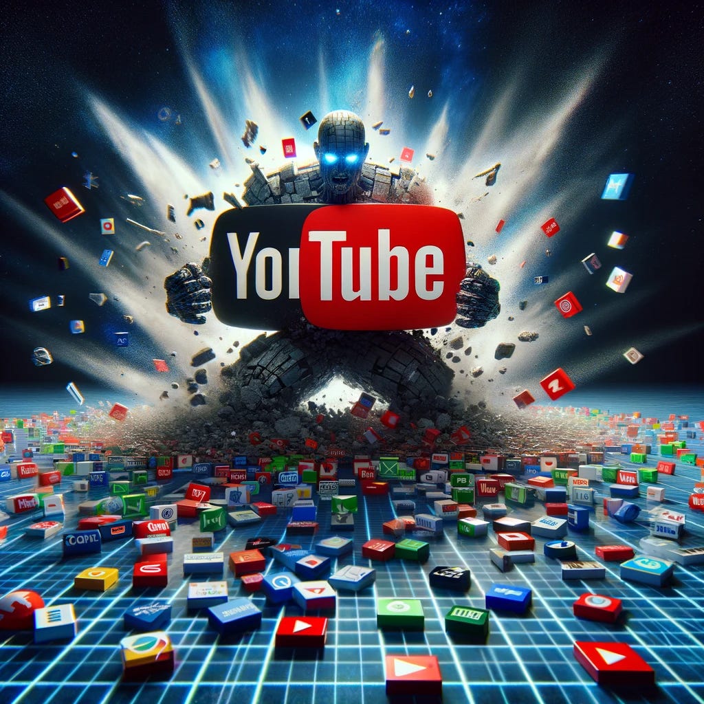 Imagine a powerful and visually striking scene where the YouTube logo, large and commanding, is depicted as crushing a variety of traditional TV channel logos spread out on the ground, reminiscent of a satellite TV home screen layout. The logos of the traditional channels appear small and overwhelmed by the dominant presence of YouTube, symbolizing the shift in media consumption from linear broadcasting to digital platforms. The background is styled to evoke the interface of a satellite TV screen, with a digital grid pattern that enhances the contrast between the old and the new media worlds. The overall atmosphere is dynamic, highlighting YouTube's disruption and dominance over conventional television.