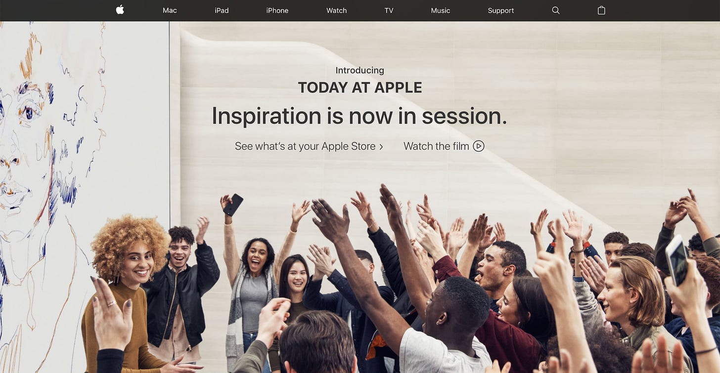 A screenshot of Apple.com as it appeared on May 19, 2017. The homepage says, "Introducing Today At Apple. Inspiration is now in session."