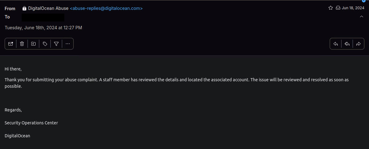 Screenshot of the email reply sent by Digitalocean.