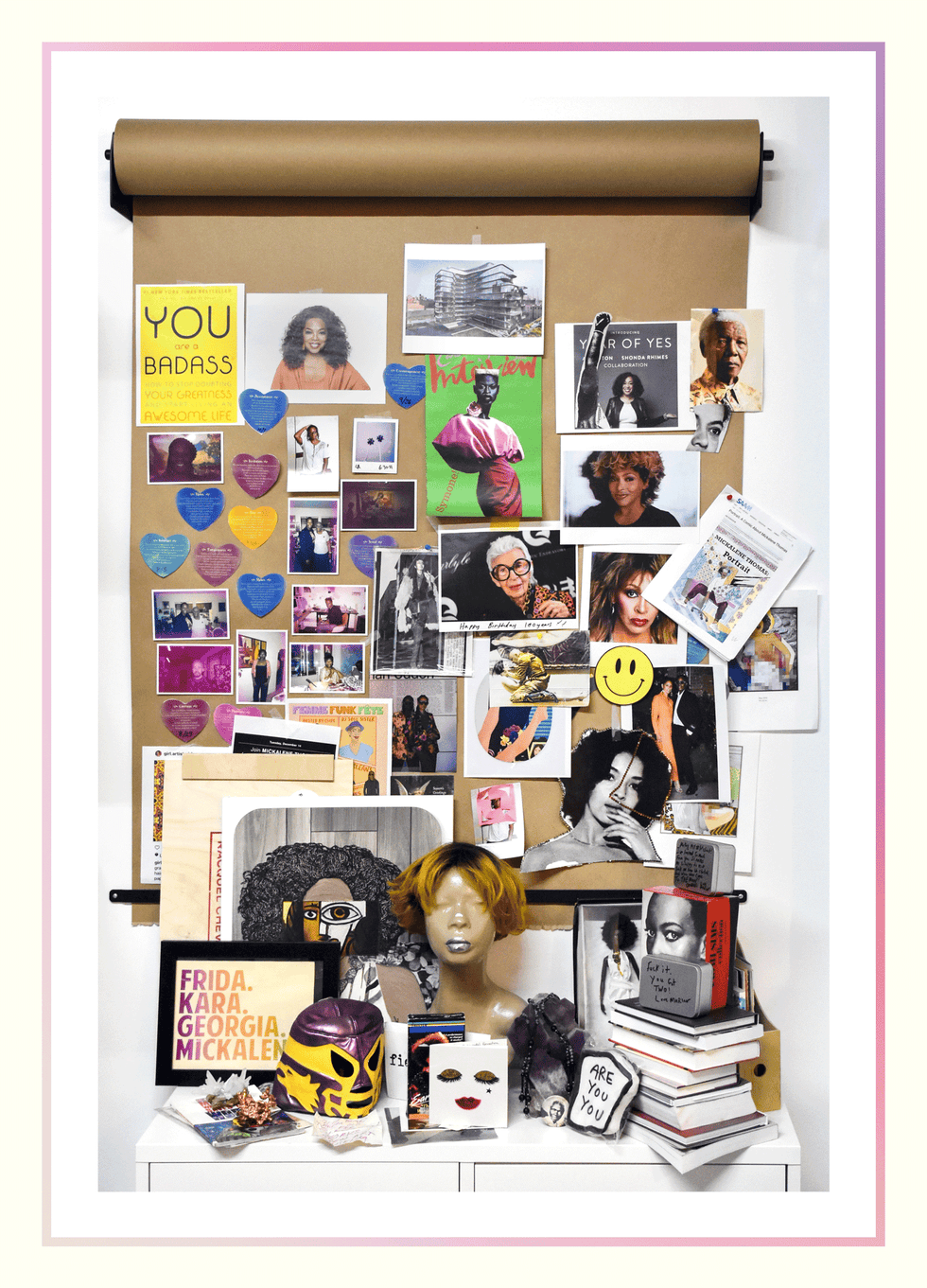 A gif shows an inspiration board with inspirational black female figures and positive affirmations. A photograph of Mickalene's mother as muse transforms into a mock-up of the finished piece, then shifts to the final work, illustrating the artist's process from concept to completion. The finished piece shows her mother dressed in a navy blue suit with a leopard collar. She has an afro and is holding a flat purse. She is surrounded by leopard print and floral cut-outs. A gif shows an inspiration board with inspirational black female figures and positive affirmations. A photograph of Mickalene's mother as muse transforms into a mock-up of the finished piece, then shifts to the final work, illustrating the artist's process from concept to completion. The finished piece shows her mother dressed in a navy blue suit with a leopard collar. She has an afro and is holding a flat purse. She is surrounded by leopard print and floral cut-outs.