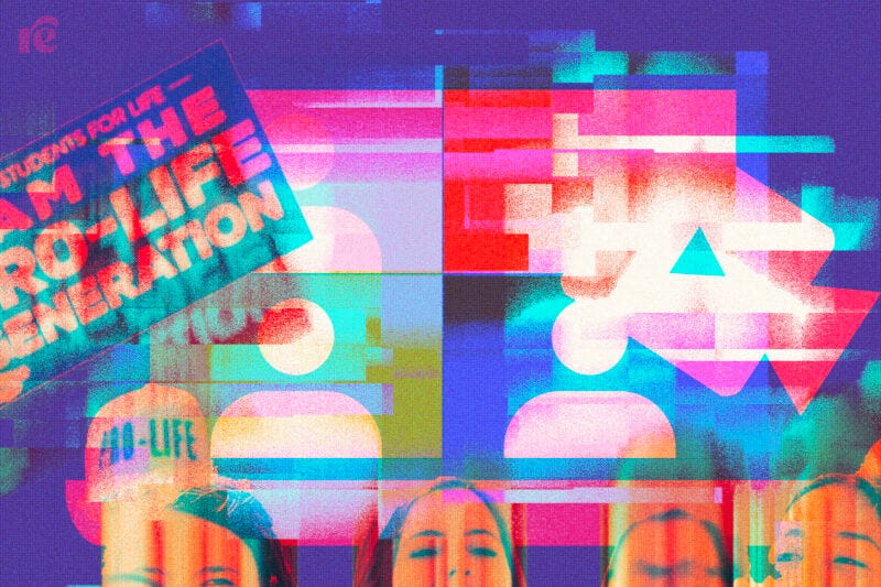 An image collage showing faces of women, a sign that says "I Am the Pro-Life Generation," and participant squares from a video call. The colors are purples, reds, pinks, and blues.
