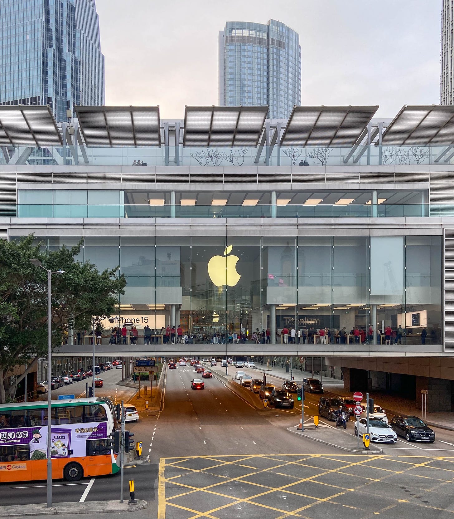 The exterior of Apple ifc mall following third floor renovations. A large portion of the upper level is blocked off, and the entire second floor is closed for further changes.