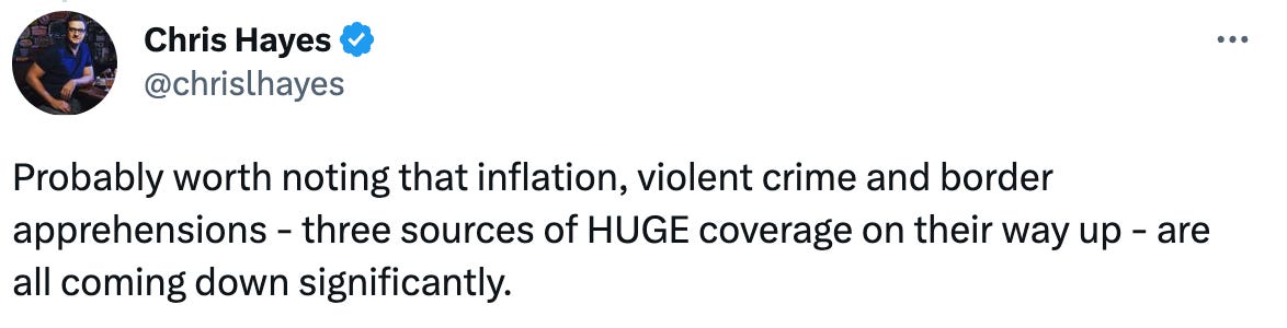  Chris Hayes @chrislhayes Probably worth noting that inflation, violent crime and border apprehensions - three sources of HUGE coverage on their way up - are all coming down significantly.