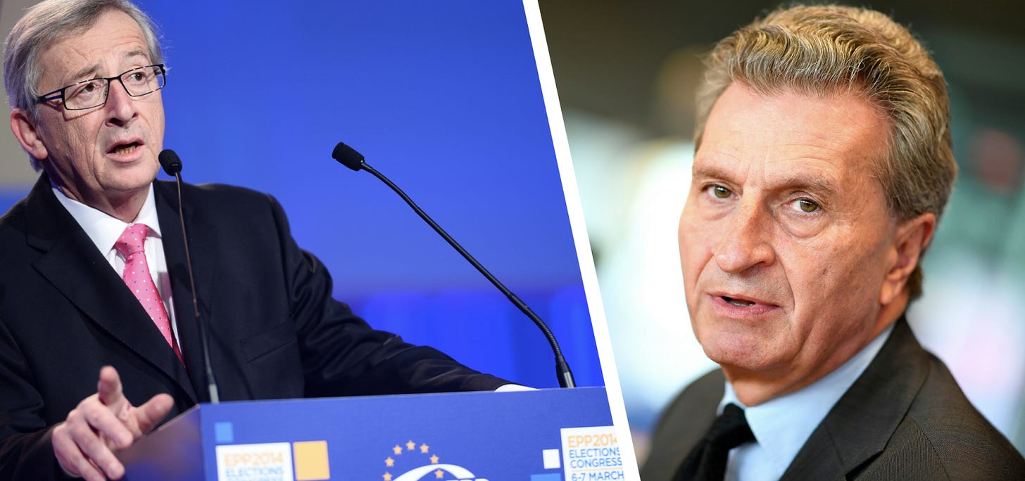 Jean-Claude Juncker, Presidente della Commissione Europea, e Günther Oettinger, Commissario europeo per la programmazione finanziaria ed il bilancio. Credit: EPP Group in the CoR / Flickr, European People's Party / Flickr. Licenza: CC BY 2.0. 