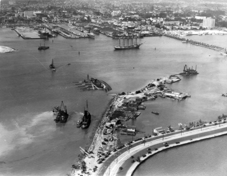 Aerial of turning basin in Biscayne Bay after the Prins Valdemar capsized in 1926.