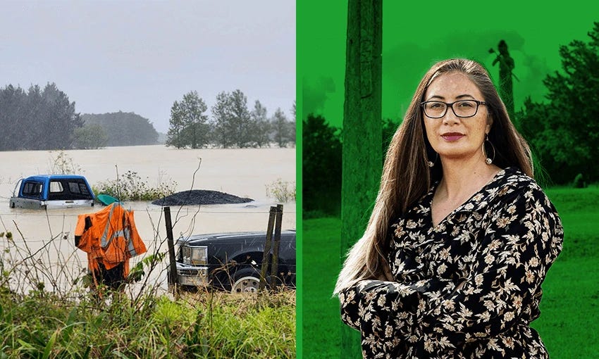 Hūhana Lyndon and flooding in Whakapara during Cyclone Gabrielle (Photos: Nadine Anne Hura) 
