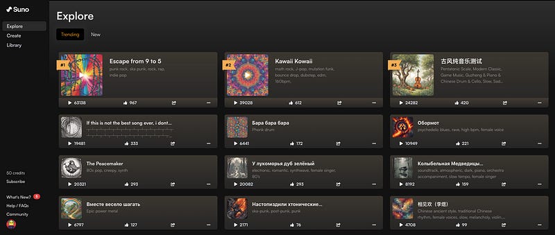 Explore Section with the Trending songs.