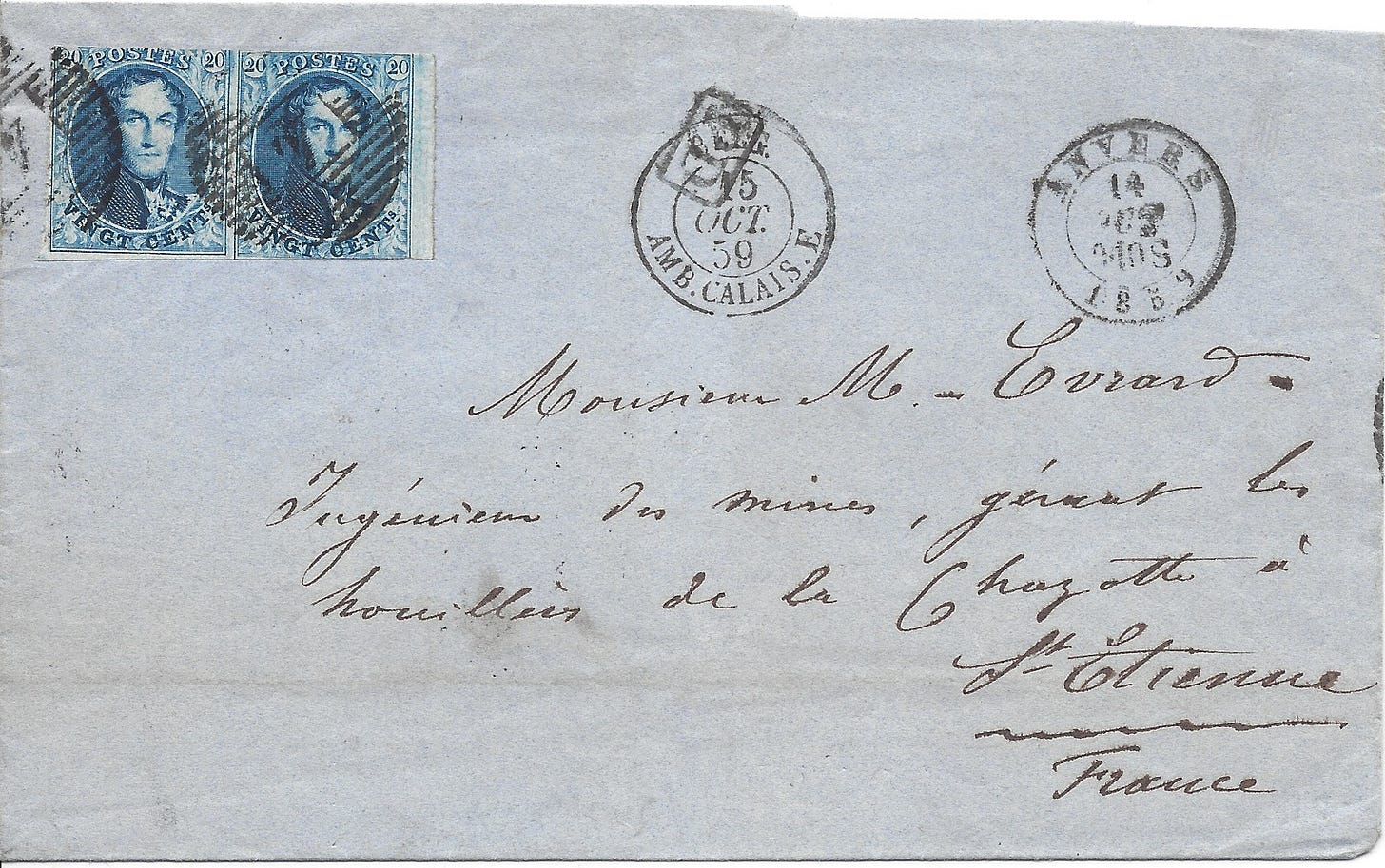 1859 folded business letter from Belgium to France