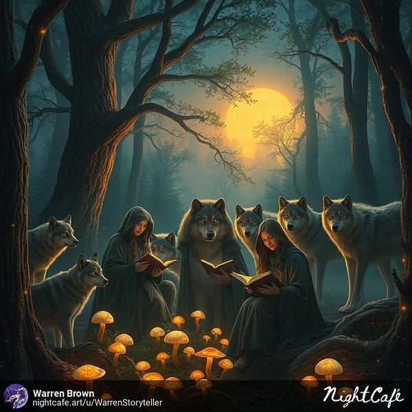 Wolves watching readers in a forest