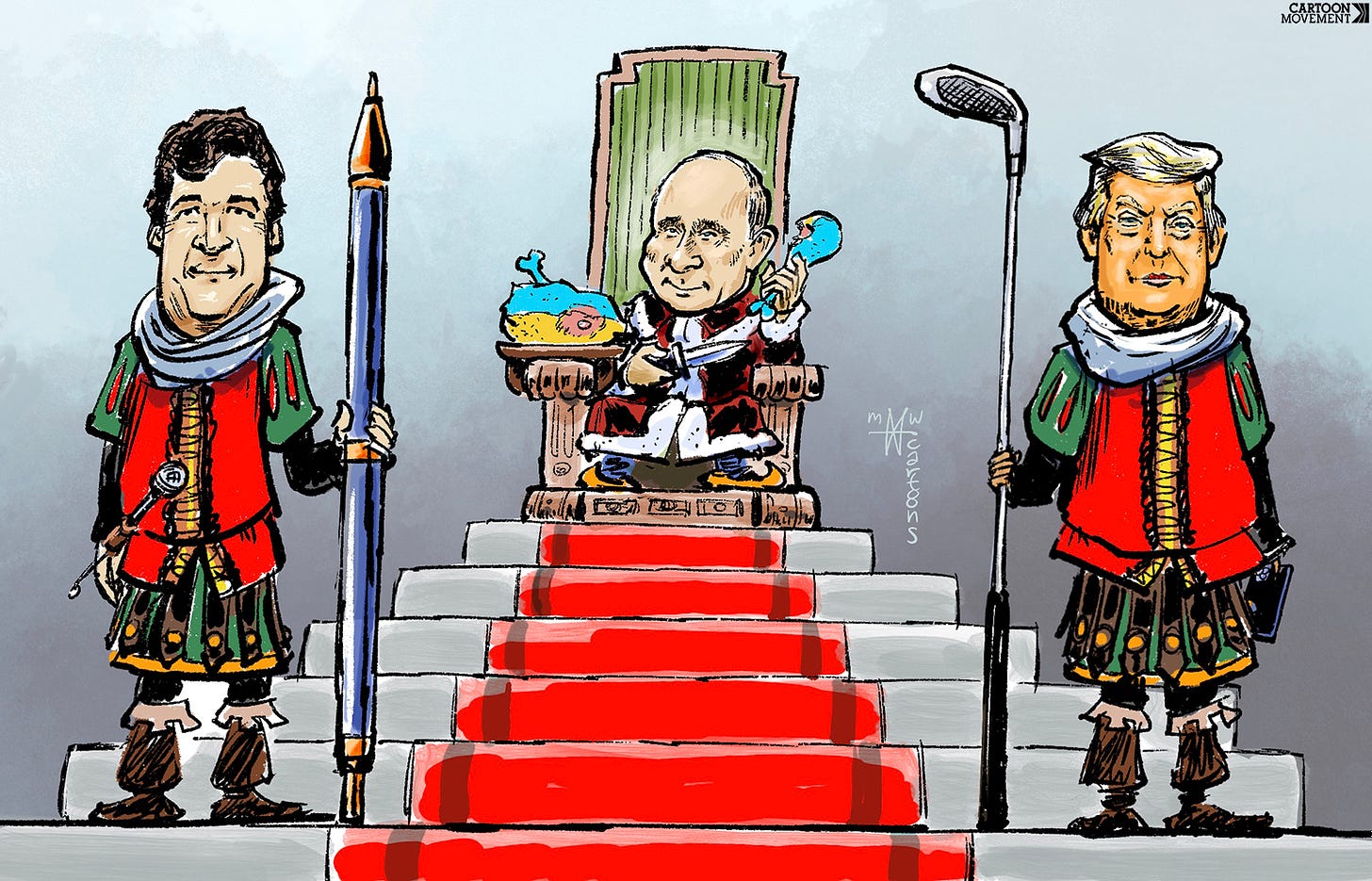 Cartoon showing Putin on a raised throne eating a turkey with the flag of Ukraine on it. Guarding him are Trump and Tucker Carlson, dressed as ceremonial guards. Carlson is holding a large pen as a spear, and trump is holding a golf club.