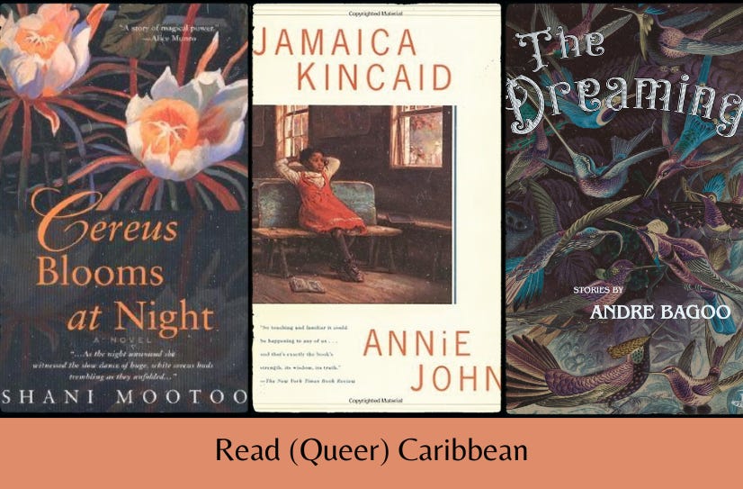 Small cover images of the three listed books above the text ‘Read (Queer) Caribbean’ on an orange background.