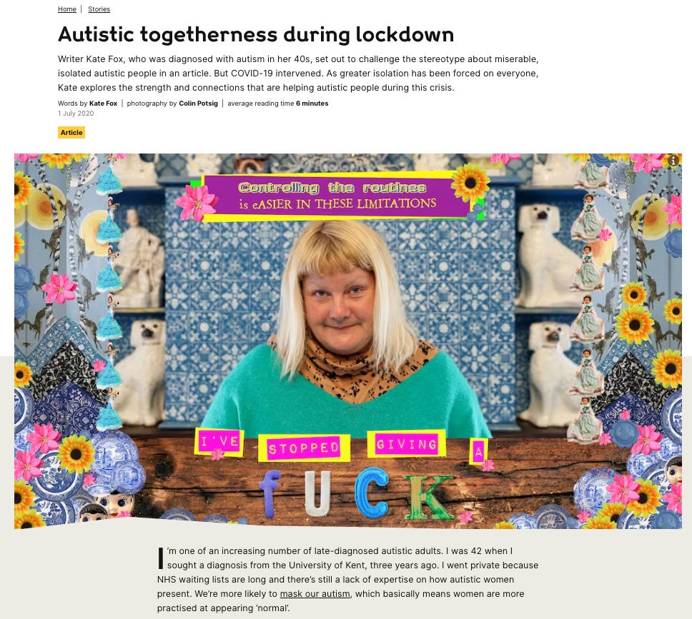 Screenshot of a Wellcome story with the headline 'autistic togetherness during lockdown. Image - Photographic montage artwork showing the head and shoulders of a woman with bold shoulder length hair and a turquoise sweater, looking straight to camera. She is sat in front of a blue and white patterned tiled chimney breast with shelves on either side supporting a selection of white ceramic figures depicting dogs and people. Digitally montaged over the top of the portrait to the left and right are small doll like figurines, colourful yellow and orange flowers and blue and white Dutch Delft style plates. Above the woman's head is typed 'Controlling the routines is easier in these limitations'; in yellow and purple fonts. Below her is typed, 'I've stopped giving a fuck'