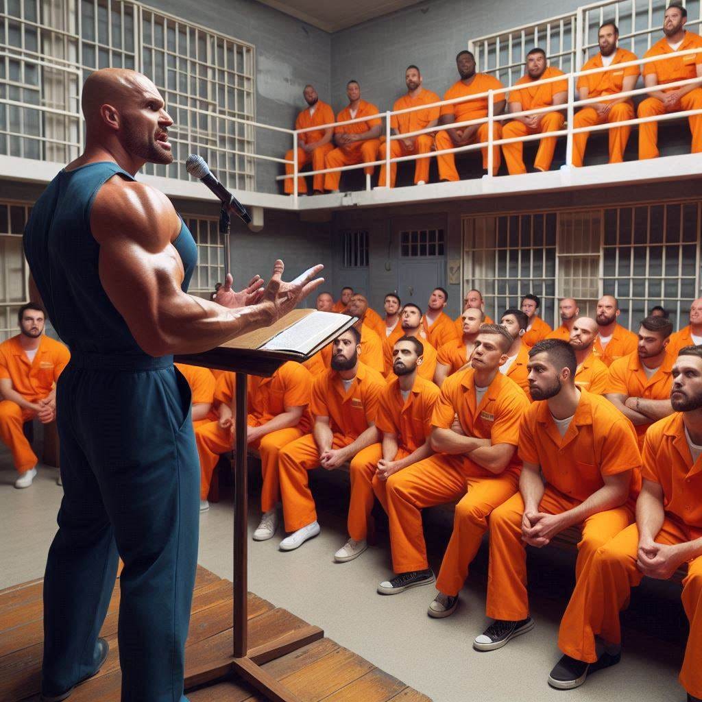 A big, muscular preacher preaches a sermon inside a prison to a group of convicts wearing orange prison jumpsuits