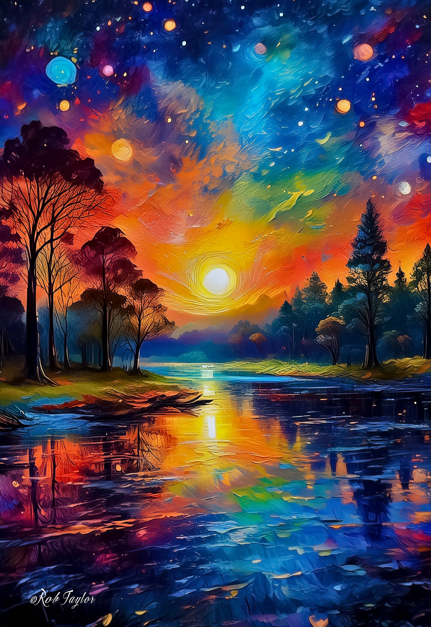 Digital illustration of a vibrant sunset reflecting over a serene lake surrounded by silhouetted trees. The sky is ablaze with swirling hues of orange, blue, and purple, blending into cosmic patterns filled with luminous stars and celestial orbs. The scene symbolizes the transition from ego-bias to expanded consciousness, capturing the harmonious integration of human and nature consciousness.
