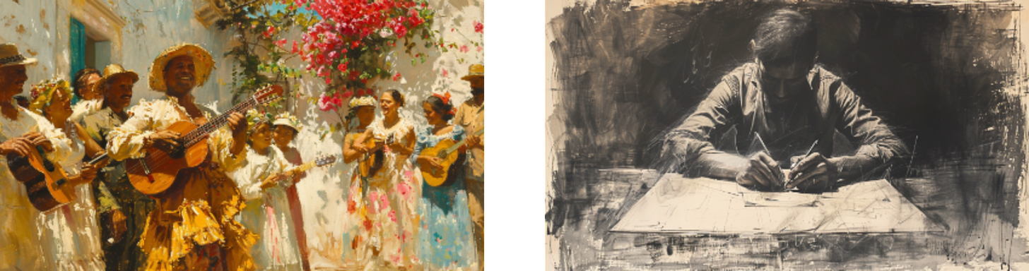 Left: A lively group of musicians and dancers performing in a sunlit courtyard adorned with flowers. Right: A black and white illustration of a man intently writing or drawing at a desk.
