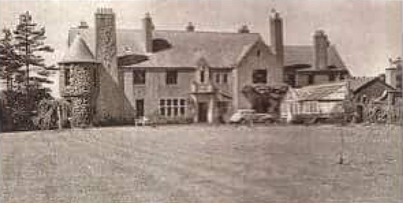 A grainy black and white photograph from the 1940s of a stately home, Lochgreen, in Troon