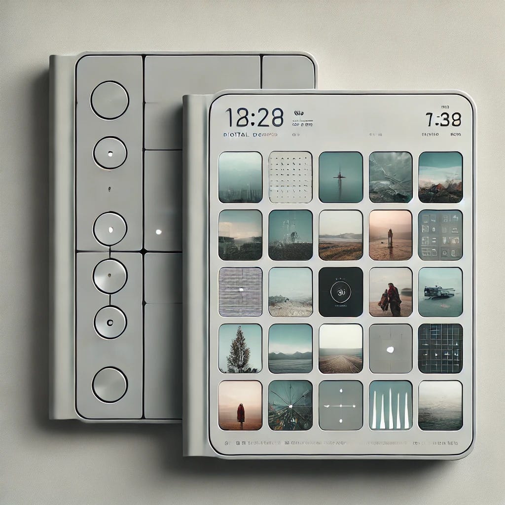 A minimalist digital keepsake cover featuring a sleek, clean design with a digital grid of images. The design should emphasize the visibility of the images within the grid, making them more prominent. The overall layout should still have a modern, tech-inspired feel with buttons and LEDs, but the images should be larger and clearer, showcasing memories from travel, exploration, and everyday moments. The color palette should remain muted with soft tones, but the images should be more visually present within the grid for a balanced, refined aesthetic.