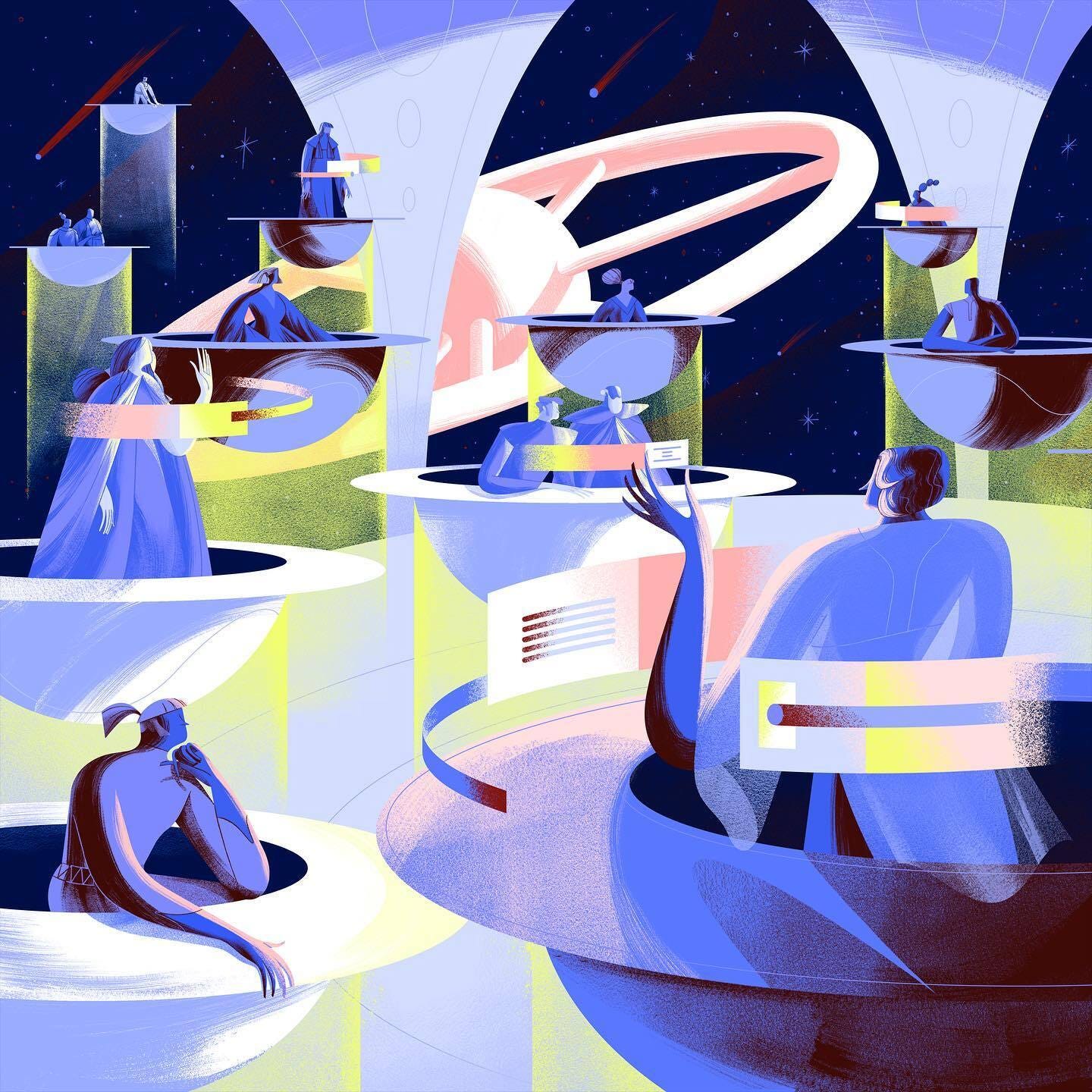 A futuristic sci-fi scene in blues, yellows and purples, depicting a meeting between different figures who float individually in hovering disk-shaped spaceships.