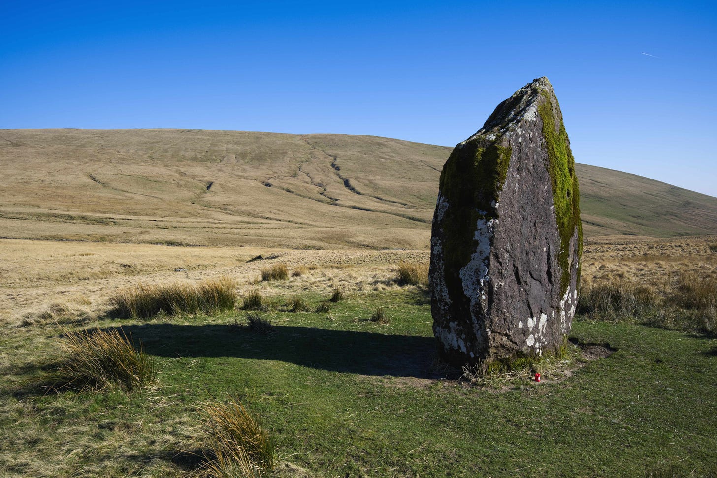 Maen Ilia, a tear drop shaped hunk of stone sits in front of a smooth moorland hillside, sloping down to the right. The moorland is marked with what seem likely to be small meandering streams draining downwards. There is a small red candle offering at the base of the menhir, which is surrounded by a circle of green grass before golden moorgrass fills the landscape. The tall reeds look windswept. There is a bright green mossy patch on the upper face of Maen Ilia. 