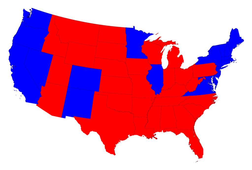 U.S. state electoral map from 2016 - blue states voted Democratic; red states voted Republican