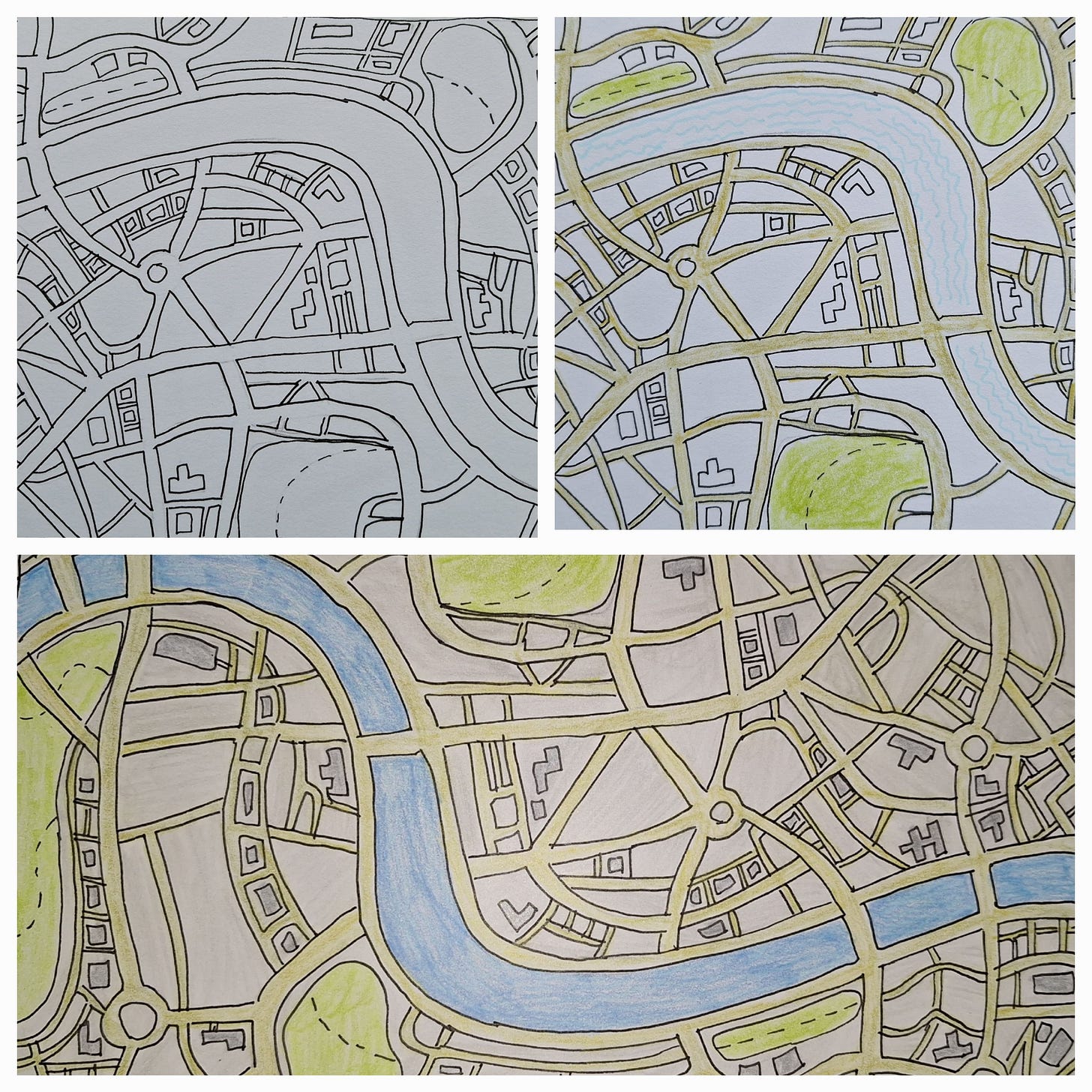 Collage of 3 versions of a hand drawn map, with only outlines, green spaces and a river marked, and roads and buildings highlighted.