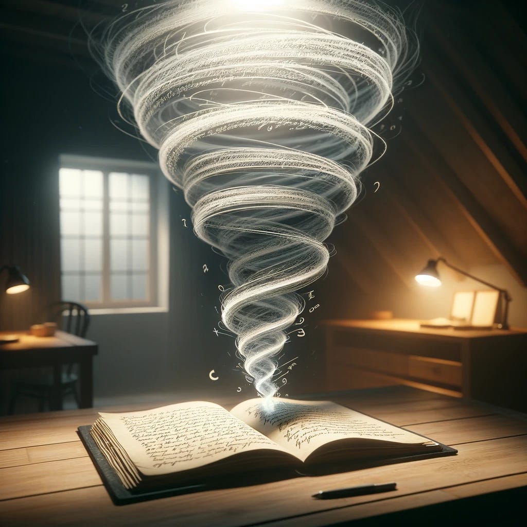 Adjust the scene to depict the transformation of handwriting into digital code spiraling out of the journal like a tornado, within a darker Scandinavian-style home setting. Focus closely on the journal on the minimalist wooden desk. The cursive handwriting lifts off the pages, transforming into digital code that swirls upwards in a dynamic, tornado-like spiral. This dramatic yet refined spectacle casts shadows and highlights around the room, which is now dimly lit to enhance the contrast and intensity of the transformation. The darker ambiance adds a sense of mystery and depth to the scene, emphasizing the profound transition from the tangible to the digital. The zoomed-in perspective on the journal showcases the intricate details of the handwriting and the powerful, graceful conversion process against the backdrop of the room's softened light, striking a balance between the serene setting and the energetic digital transformation.