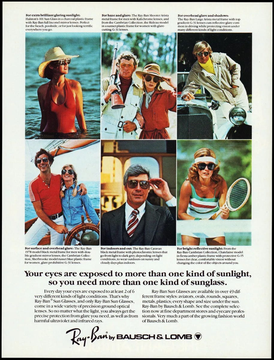 1978 Ray-Ban sunglasses 6 models men women retro 6 photo print ad ads20 |  eBay
