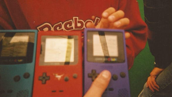 Photograph of Paul and his friend's Game Boy systems showing the Mew they obtained