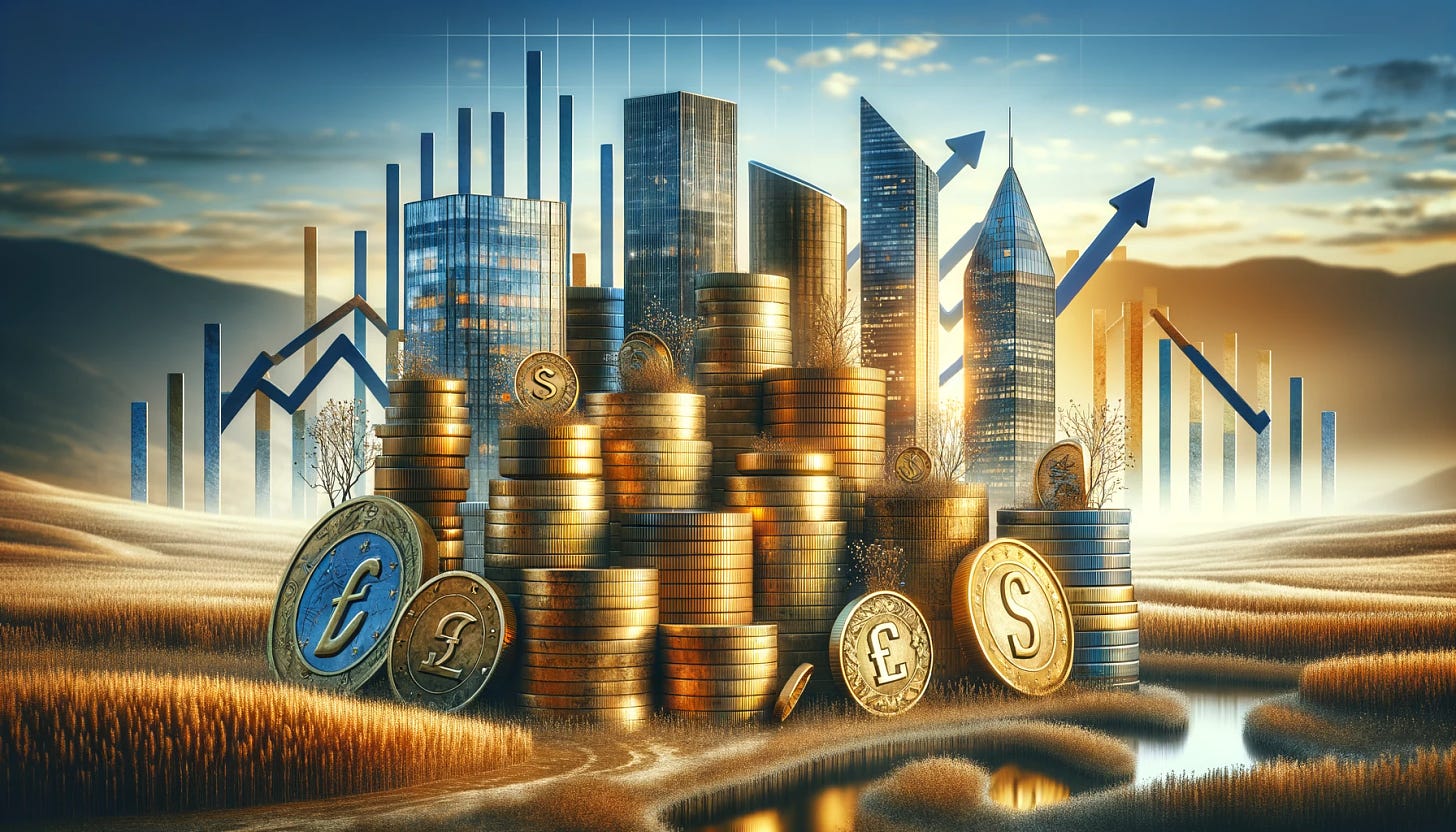Illustrate an abstract concept of Europe's banking sector showing strength and stability with skyscrapers made of gold coins and paper money, towering over a landscape. Include a graph with an upward trend in the background to symbolize growing profitability. The scene is set against a dawn sky, representing a new year of opportunity in 2024. Integrate subtle visual elements like small upward arrows and a minor crack or two in some coins to hint at the slight challenges such as minor increases in loan impairment charges and operational expenses.