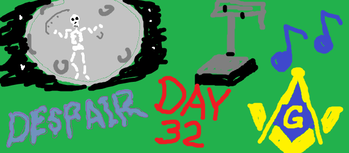 Poorly drawn MSPaint image depicting items from the article and the text "Day 32 WLB"