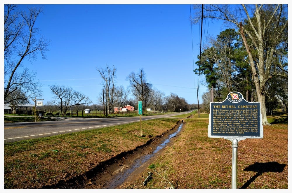 Setting of the Bethel Cemetery historical marker, Pintlala, Montgomery County, Alabama