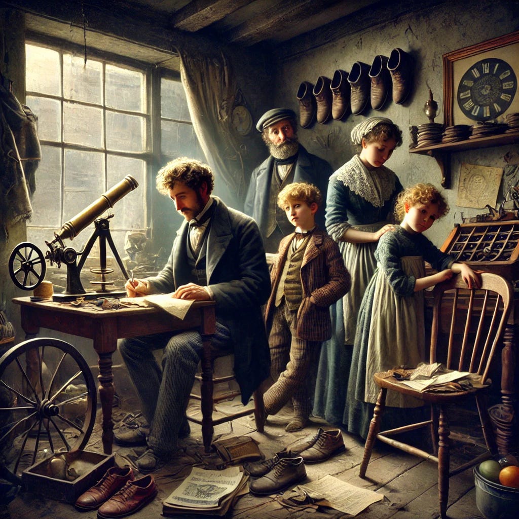 A family of five in 19th-century England, the Boole family, depicted in their modest home. The father, John, is seen in a dimly lit corner of a cluttered shop, surrounded by scientific books and a homemade telescope displayed in the window. He appears absorbed in his studies, disinterested in the shoe business. The family looks weary and impoverished, with sparse furniture and empty plates on the table. Young George, the eldest son, is at the center, giving a mathematics lesson to a small group of students in exchange for money, while his mother and siblings look on with hope but visible hardship. The atmosphere reflects financial struggle, with the backdrop of a failing shoe store, but also a sense of determination and learning.