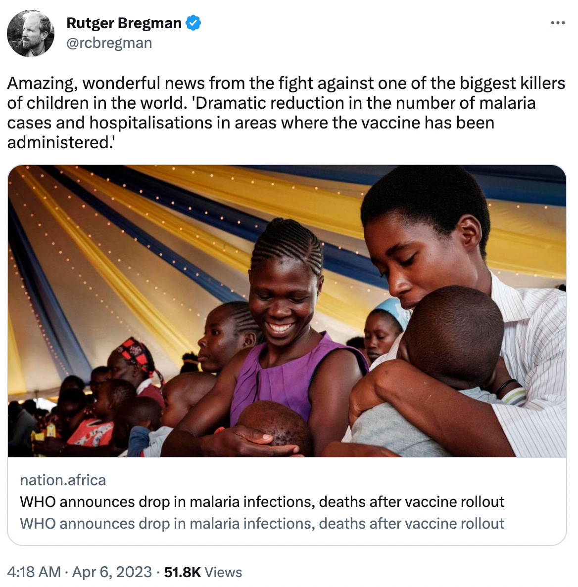 Amazing, wonderful news from the fight against one of the biggest killers of children in the world. 'Dramatic reduction in the number of malaria cases and hospitalisations in areas where the vaccine has been administered.' nation.africa WHO announces drop in malaria infections, deaths after vaccine rollout