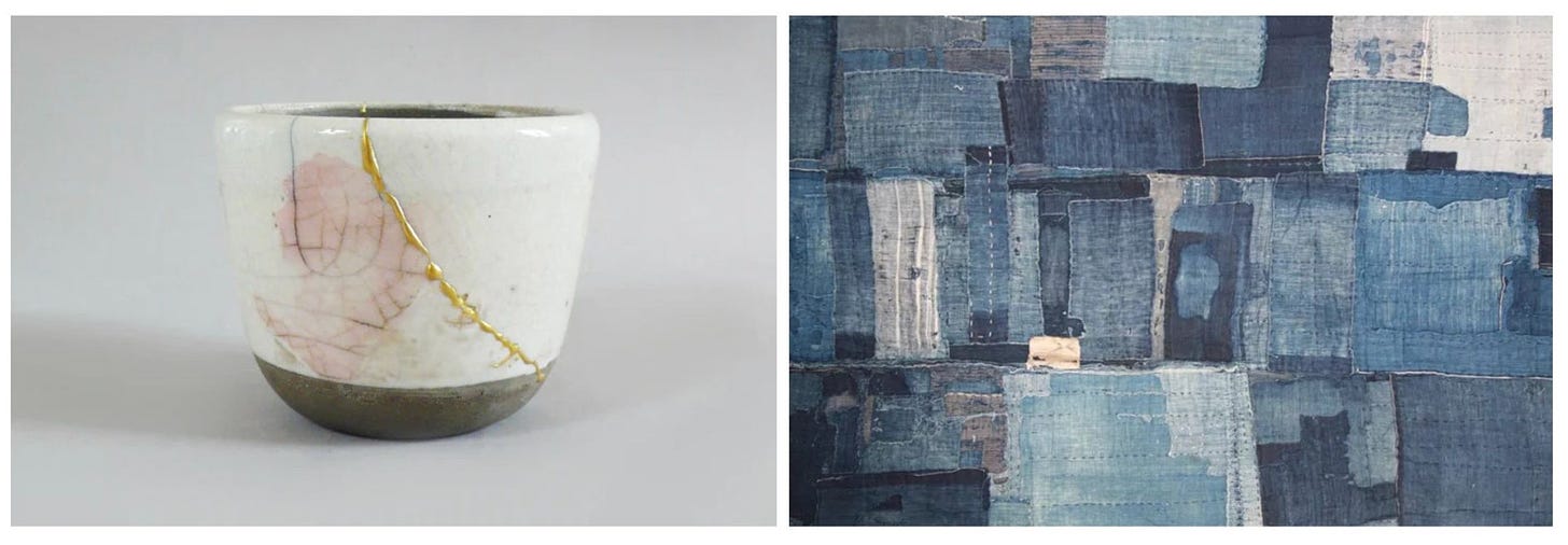 1. An example of kintsugi on a broken ceramic cup, via Yodomo's purchasable craft kit [Credit: Yodomo]; 2. An example of boroboro indigo cotton patchworking [Credit: Heddels].