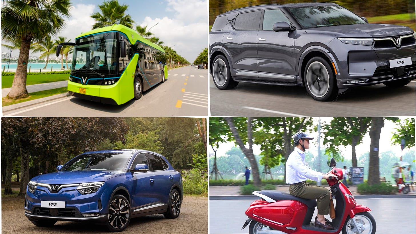 Collage showing VinFast electric buses, cars (models VF8 and VF9), and scooters