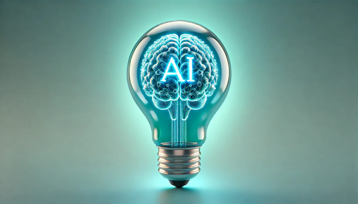 Glödlampa som innehåller en hjärna och texten AI, vilket symboliserar artificiell intelligens