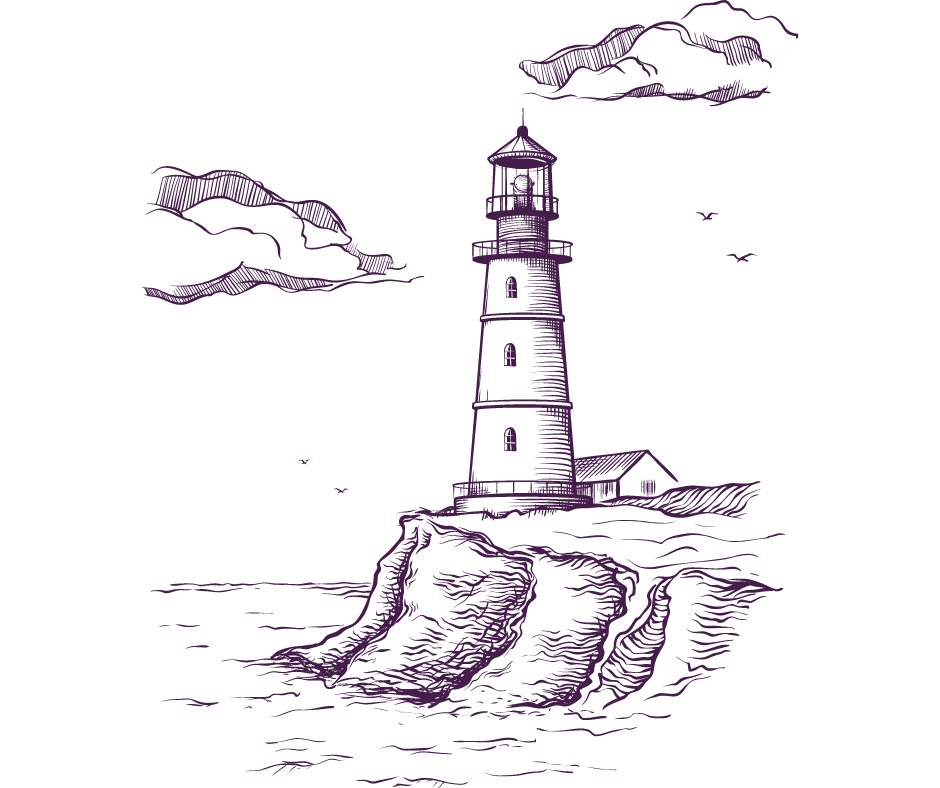 Pen illustration of a lighthouse on a cliffside