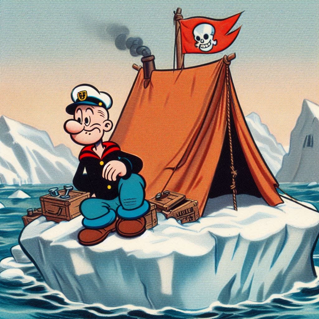 popeye with a tent on an iceberg, 1930s color cartoon