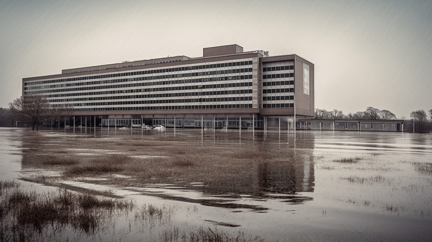 Midjourney render of a hospital under a literal rising tide
