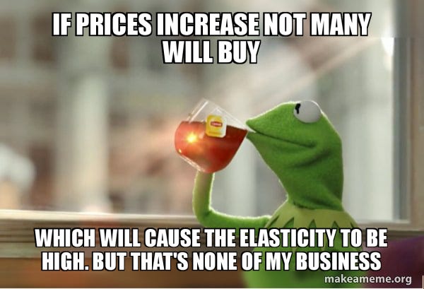 If Prices Increase Not Many Will Buy Which Will Cause The Elasticity To Be  High. But That's None Of My Business - Kermit Drinking Tea Meme Generator