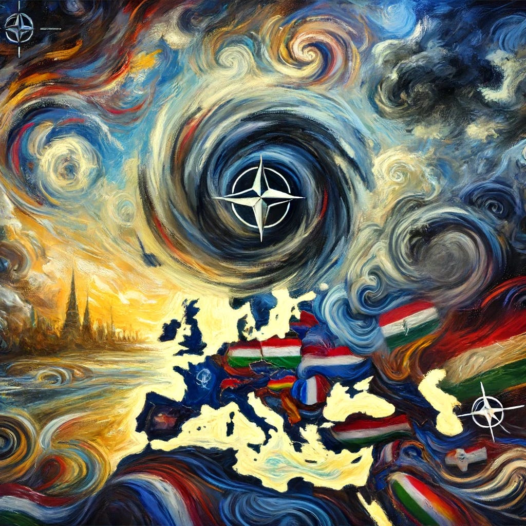 An abstract, expressive oil painting depicting a scene of geopolitical tension in Europe. The painting features swirling brushstrokes and vibrant, contrasting colors, symbolizing the turmoil and differing stances of NATO members. In the foreground, a symbolic representation of Hungary appears isolated, with dark, brooding colors, while surrounding countries are connected with brighter, unified tones. The background includes a dramatic sky, symbolizing the looming threat of conflict. The overall atmosphere is melancholic yet hopeful, highlighting the complex dynamics of international relations.