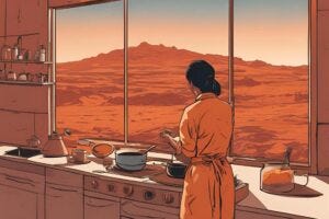 a kitchen view onto the Martian landscape