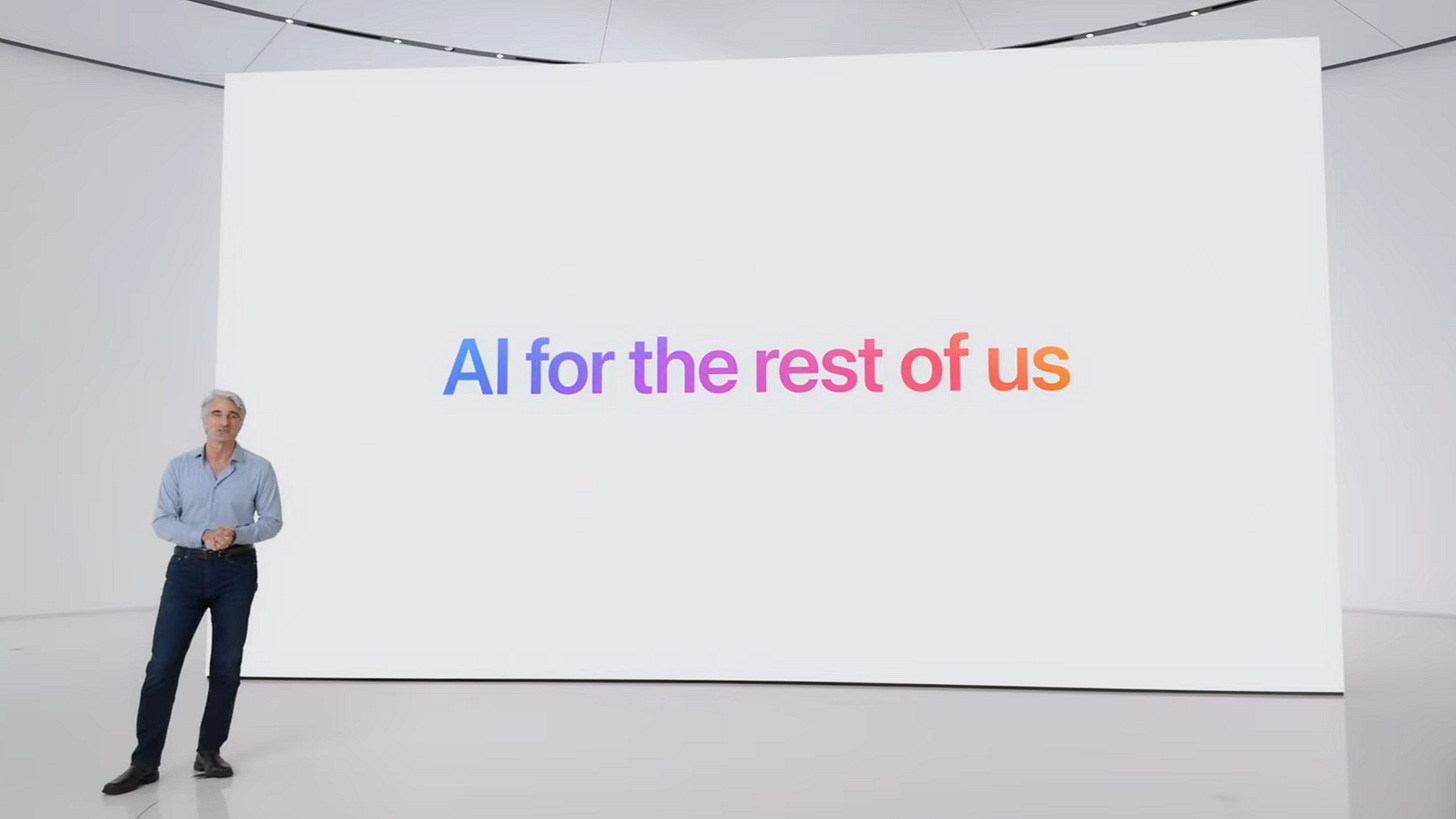 Craig Federighi in front of a screen that says “AI for the rest of us”