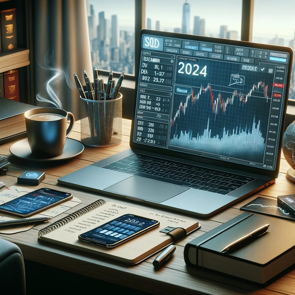 A realistic representation of a trader's workspace as they prepare for the upcoming year. The scene shows a desk with a laptop open to a stock market analysis software, a calendar with December 2023 highlighted, and a notepad with '2024 Goals' written on it. Nearby, there's a cup of coffee, a stack of financial books, and a smartphone showing a trading app. The background subtly includes a window with a view of a city skyline, indicating the dynamic environment of trading.