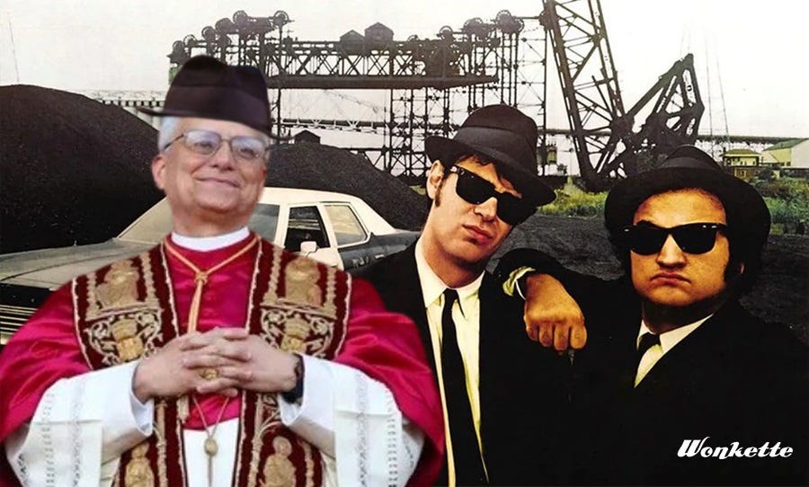 Photo of Pope Leo XIV nonsensically photoshopped, wearing a black porkpie hat, into the iconic movie poster of the Blues Brothers standing in front of the Bluesmobile in a Chicago riverfront gravel pit. Photo of Pope Leo XIV nonsensically photoshopped, wearing a black porkpie hat, into the iconic movie poster of the Blues Brothers standing in front of the Bluesmobile in a Chicago riverfront gravel pit.
