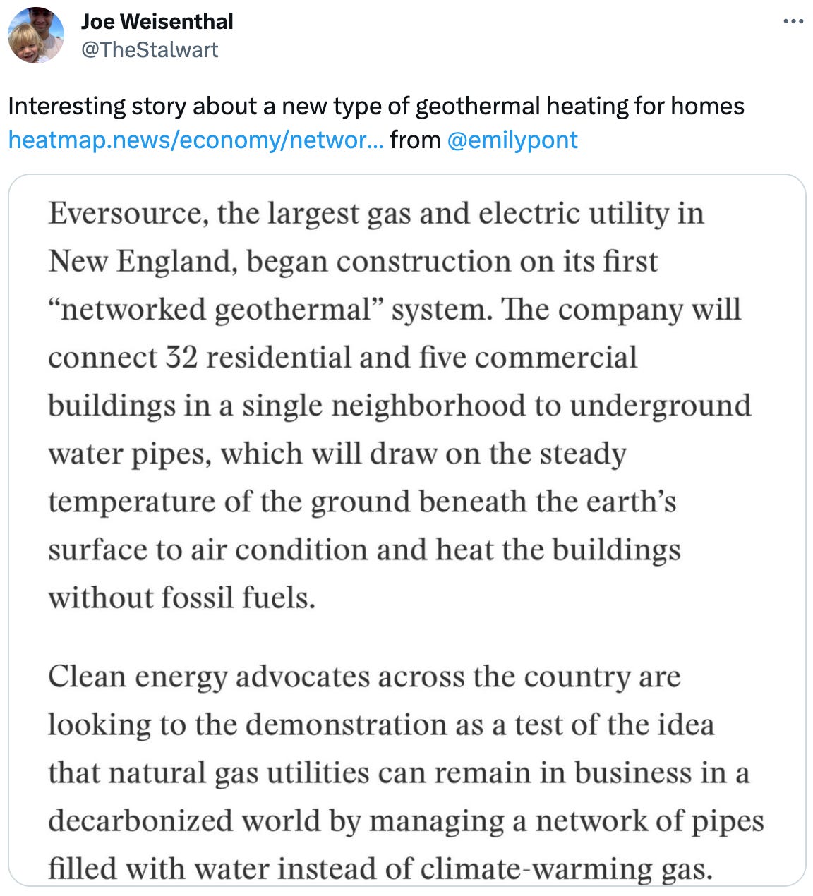  Joe Weisenthal @TheStalwart Interesting story about a new type of geothermal heating for homes https://heatmap.news/economy/networked-geothermal-thermal-energy-community from  @emilypont